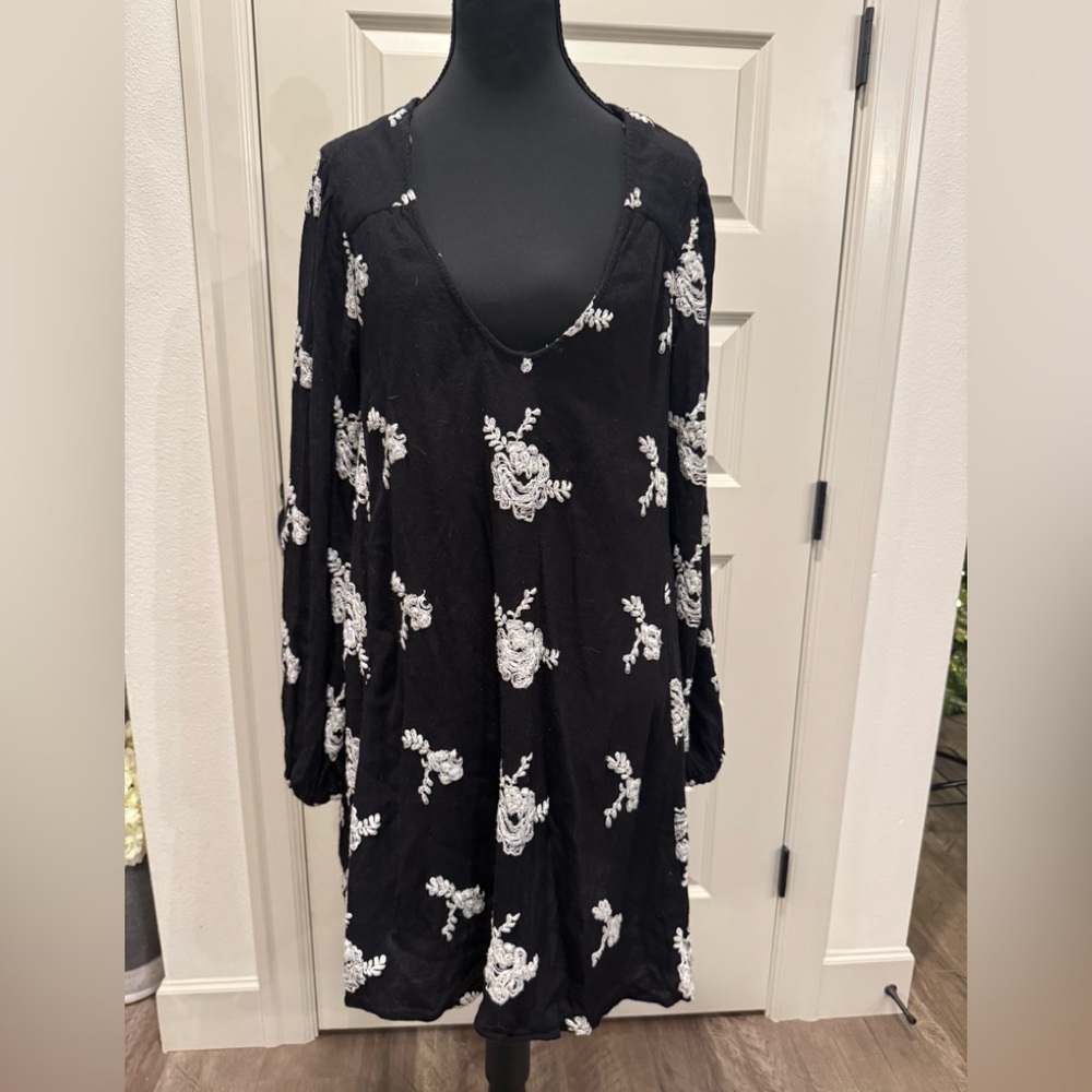 Free People Black Dress with White Floral Design